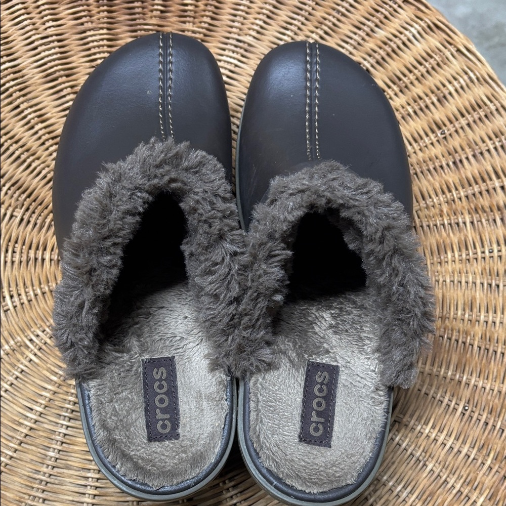 CROCS Dark Brown Fuzzy Lined Slippers